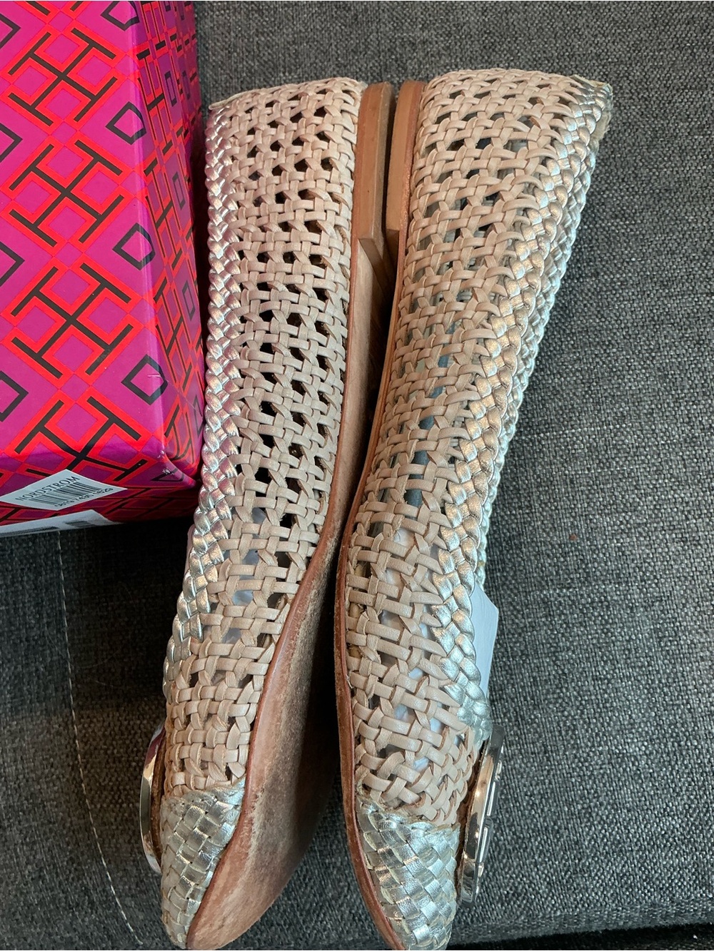 Tory Burch Chelsea woven Braided light taupe/silver Ballet Flats size 10 classy - Picture 2 of 6